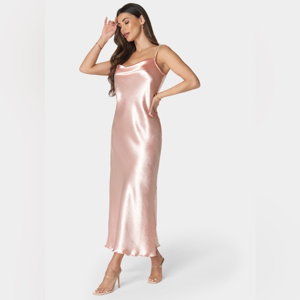Bebe Hammered Satin Cowl Neck Pearl Strap Maxi Dress Pink